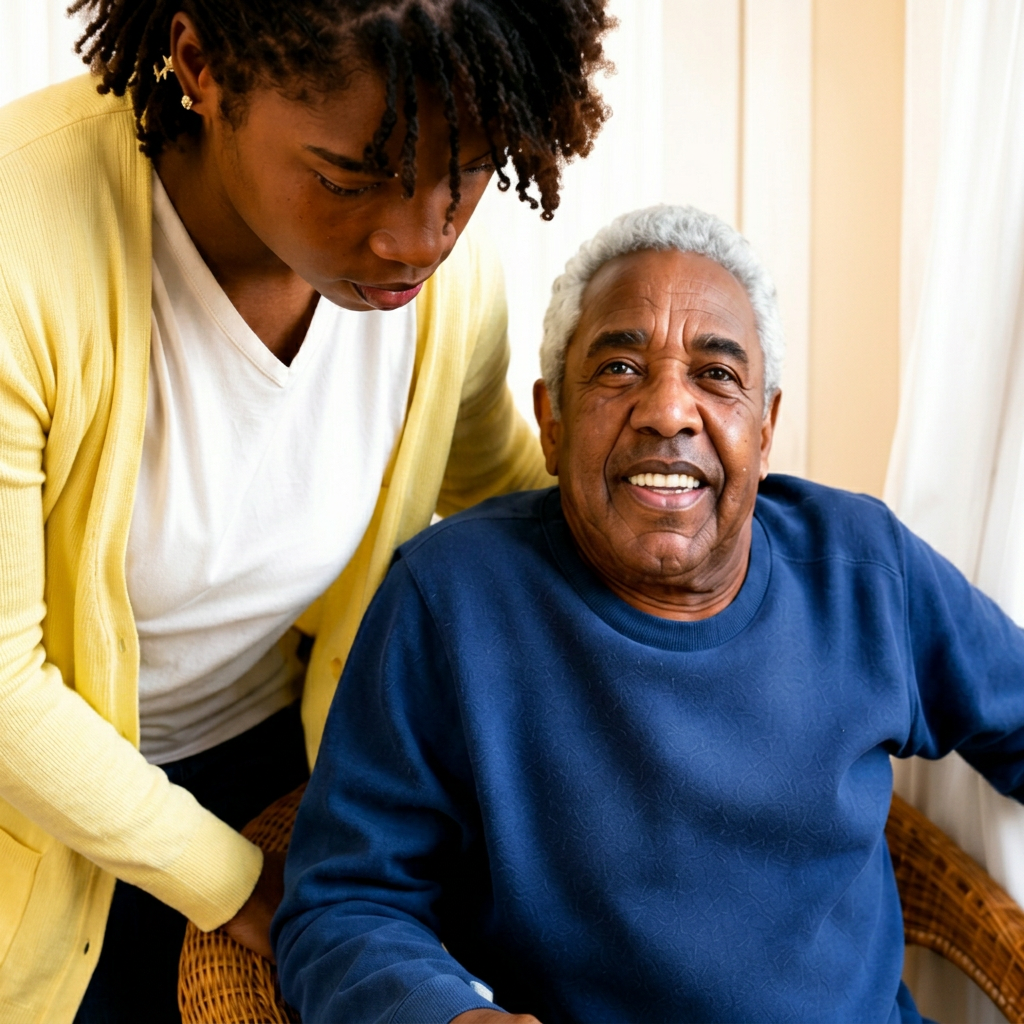 A nurse warmly holding the hand of a smiling elderly client at home